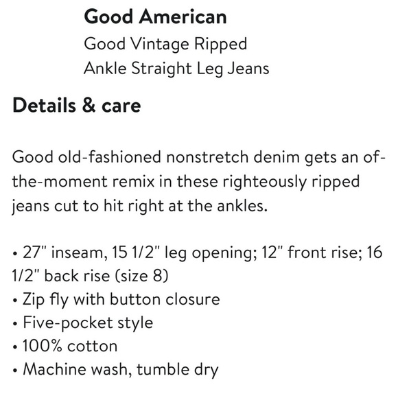 GOOD AMERICAN GOOD VINTAGE RIPPED RIGID COTTON ANKLE STRAIGHT LEG JEANS - Picture 2 of 14